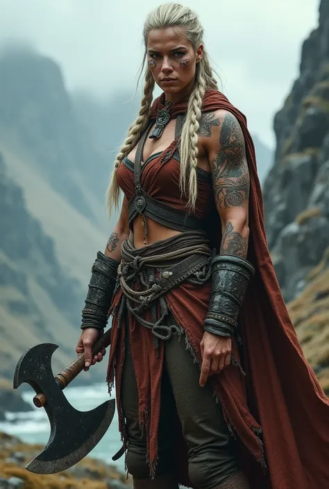 Viking warrior blonde in braids with an axe on her hand tattooed and pierced nose 