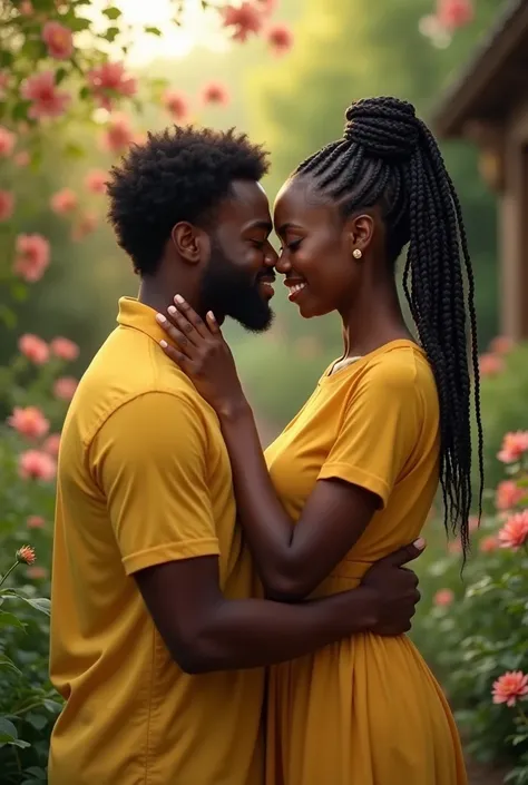 Jeune femme noire avec tresses embrassant son copain en chemise jaune dans le jardin d'une  auberge 