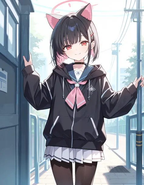 Masterpiece, hd, 1girl, blue archive, blue archive character, trinity, short hair,skirt,black hair,hair ornament,red eyes,long sleeves,animal ears,jacket,pink hair,pantyhose,sidelocks,pleated skirt,choker,hairclip,cat ears,hood,miniskirt,sailor collar,blac...