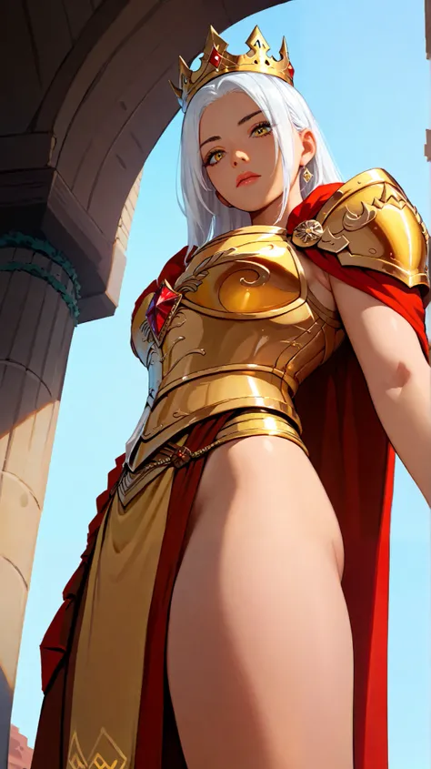 woman ,  with long white hair,  yellow eyes , wearing golden armor,  wearing a golden crown with red stones, Low-Angle Tracking Shot (Low Tracking)