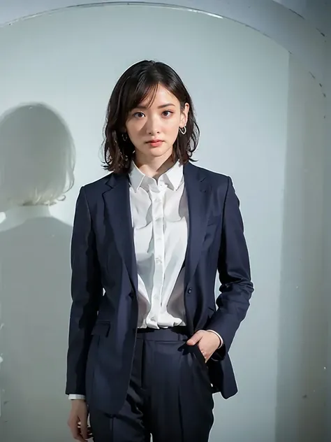 A confident girl look like model, short black hair, wearing a modern black suit, standing with hands in pockets, facing the camera directly, head-on view, upper-body shot, centered composition, studio lighting, ultra-sharp, professional quality