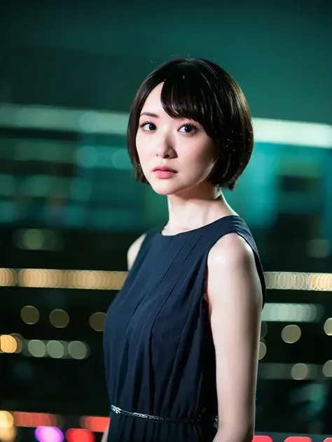 A confident young woman, short black hair, standing on a rooftop, (head-on view, upper-body shot, centered composition), wide-angle shot, cityscape with glowing neon lights in the background, ultra-detailed, cinematic lighting, spotlight, soft shadows, 8k ...