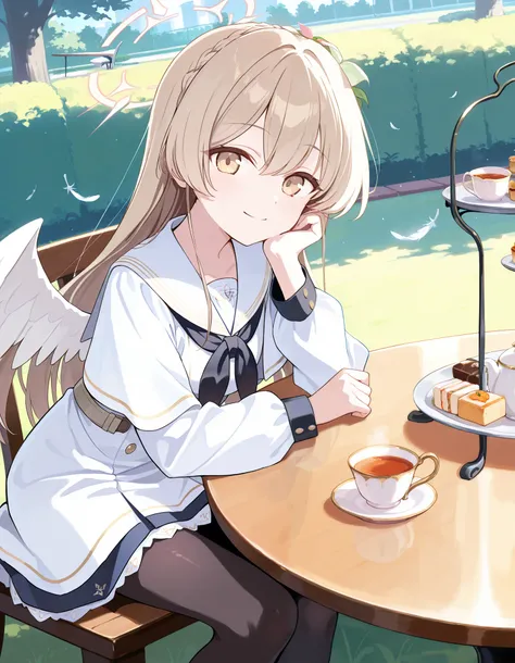 Masterpiece, hd, best quality, kirifuji nagisa, nagisa (blue archive), blue archive, smile, light brown eyes, sailor collar, white dress, long sleeves, neckerchief, black pantyhose, capelet, halo,shiny halo, long hair, light brown hair, flower hair ornamen...