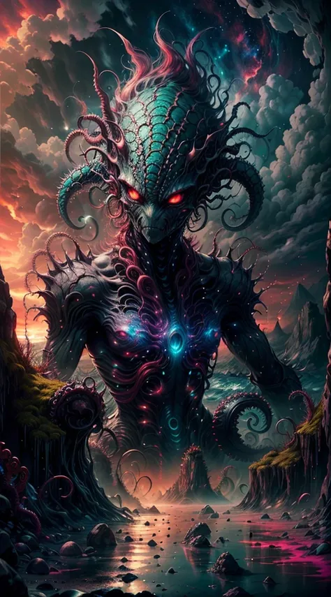 ( top quality, high resolution, Super Detail),alien creature  portrait,Octopus-like, large size ,Beach Scenery, Alien Green Water Sea ,5 Glowing Eyes , Prickly Tentacles , Multicolored Scab Skin,Red Sky, portrait, horror, Concept Artist , vibrant colors, s...