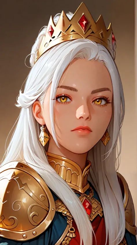 woman ,  with long white hair,  yellow eyes , wearing golden armor,  wearing a golden crown with red stones, Over-the-Shoulder Dynamic (About the Dynamic Shoulder)