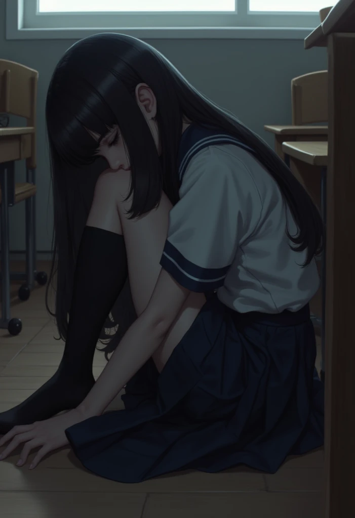 "
"An anime girl with long, straight black hair and neatly cut bangs sits curled up in a fetal position on the floor of a quiet classroom. Her black eyes, deep and unreadable, stare downward, lost in thought or emotion. She wears a traditional Japanese sch...