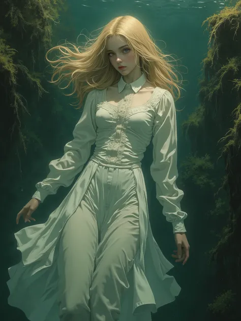 a girl about fifteen years old with blond hair and brown eyes, wearing a white long-sleeved shirt with a collar, completely under lake water, muddy dark turquoise tones