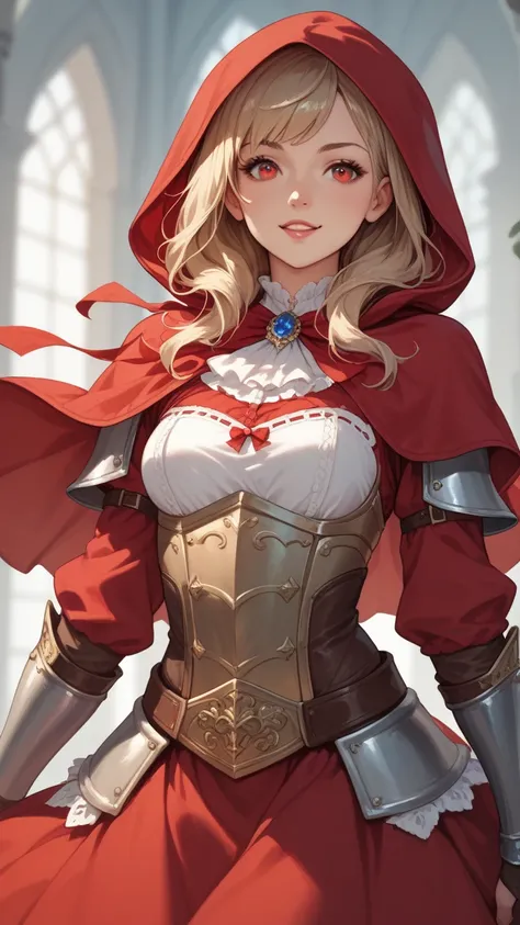 Make a 15-year-old anime girl with blond hair and dressed as little red riding hood mixed with armor and with red eyes and a very cheerful expression 