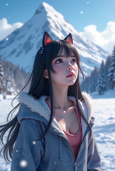 ((Top Quality)), ((Amazing)), (Details),((Japanese)),Young girl, Looking up at snowy mountain, Snowy field, Ultra realistic, Stunning environment, Vivid colors, Black hair, (Straight hair), ((Topless)), Alone, Wearing hoodie, Unzipping, Animal hoodie Upper...