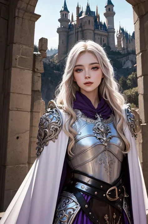 high quality, fantasy art, upper body focus, beautiful face, medieval setting, beautiful european female young knight wearing purple and white stylish silver full body plate armor, long blonde hair, facing the camera, castle in the background, ornate armor...