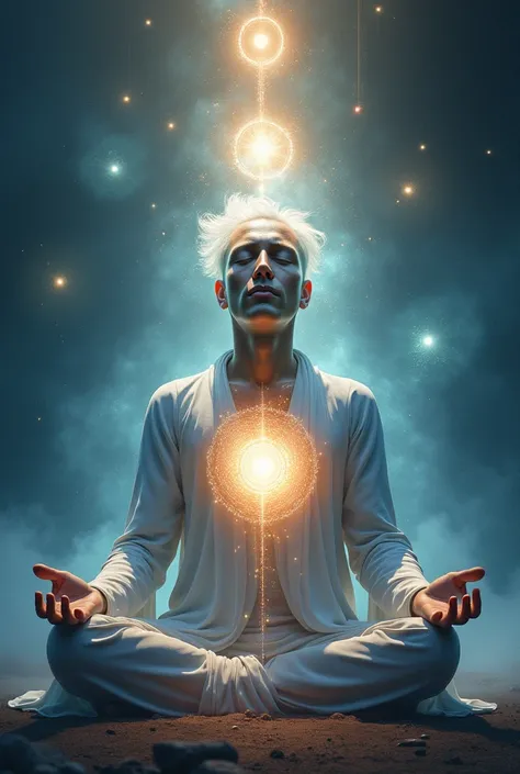 Enlightened soul sitting in meditation, 7 auras around, electromagnetic toroid of your vital energy, eterico,  subtle field , Astral divine light in the center of his chest