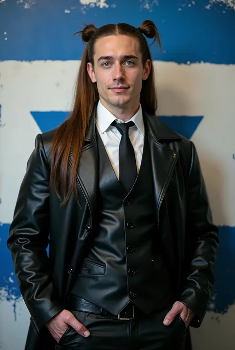 mugshot Pale-skinned man, long very straighted clear brown hair, up two pigtails hairstyle, light blue eyes, 42 years old, full body, wearing a black leather trench coat, tight black vest with white dress shirt and tie, hooked nose, young angelic diamond f...