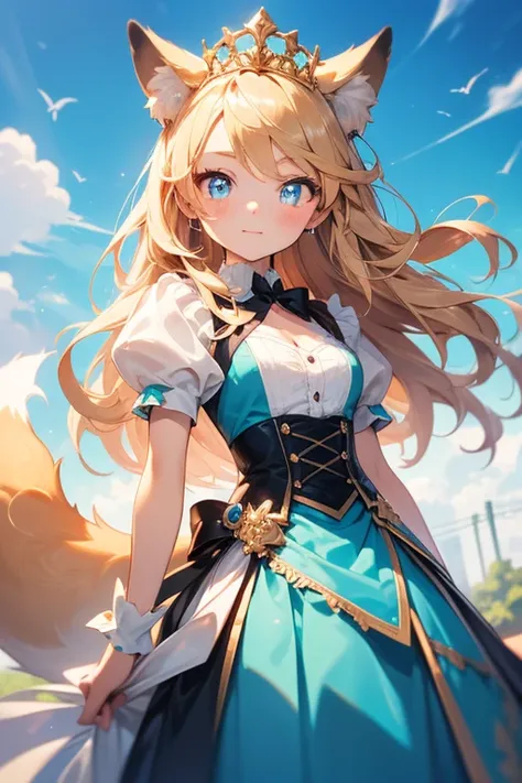  top quality,   super high resolution, (( cute middle school girl)),( small tits), fox ear、Fox Tail、 Long Golden Hair,Blue-eyed Cinderella、 tiara 