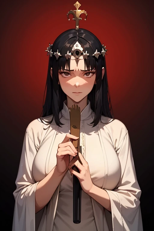  crown of thorns、Beautiful woman praying、White tunics and ragged clothes 、 anime style、 masterpiece、最 High quality cutlery、 High quality cutlery、 Illustration of a large skull with a black and red gradient background