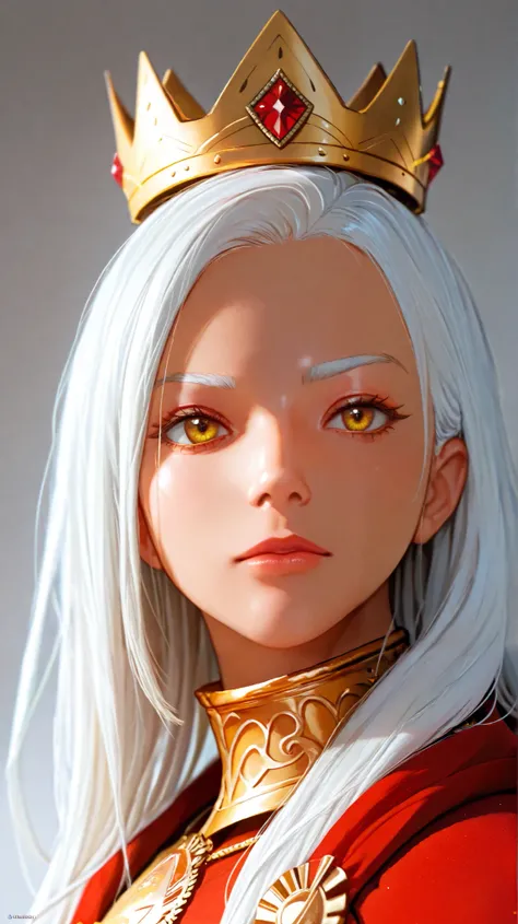 woman ,  with long white hair,  yellow eyes , wearing golden armor,  wearing a golden crown with red stones,  Extreme Close-Up (Intense Detailed Plan)