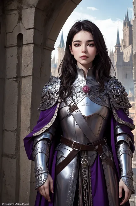 high quality, fantasy art, upper body focus, beautiful face, medieval setting, beautiful european female young knight wearing purple and white stylish silver full body plate armor, long dark brown hair, facing the camera, castle in the background, ornate a...