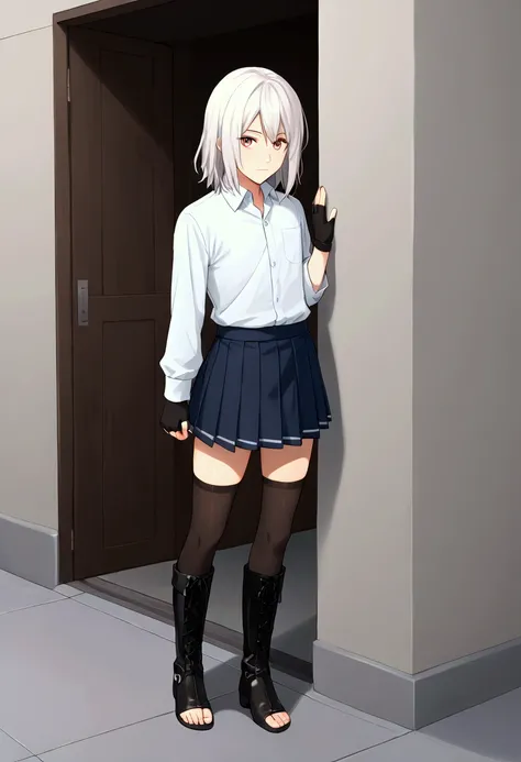 Otoko no ko,boy,male focus,solo,standing,long shirt,pleated skirt,skirt,thighhighs,boots,long fingertoeless gloves,medium hair,white hair,