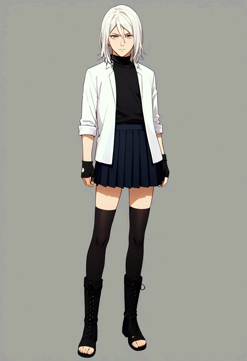 Otoko no ko,boy,male focus,solo,standing,long shirt,pleated skirt,skirt,thighhighs,boots,long fingertoeless gloves,medium hair,white hair,