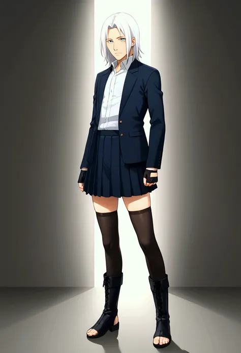 Otoko no ko,boy,male focus,solo,standing,long shirt,pleated skirt,skirt,thighhighs,boots,long fingertoeless gloves,medium hair,white hair,