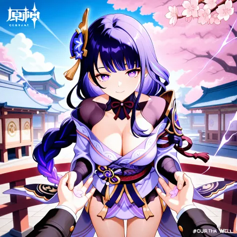 masterpiece, best quality, amazing quality, one girl, The Raiden Shogun from game genshin impact, She has 2 well-made hands with 5 fingers each, should be in a confident and captivating pose, perhaps leaning slightly forward, with a subtle smile. Your look...