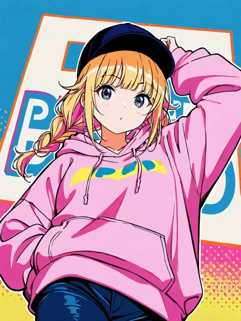 1girl\(tsukimi eiko,solo,dynamic pose:0.25\),vivid colors,pop art,oversized sweatshirt,masterpiece, best quality, 8k, highres, ultra-detailed,HDR, UHD, professional, 