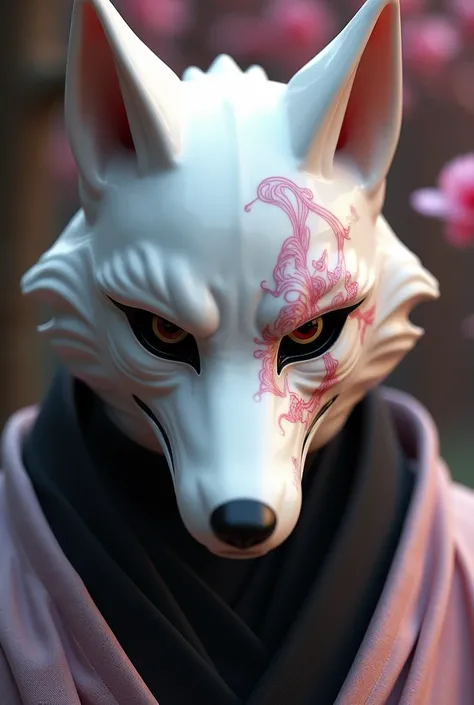 porcelain/ninja mask with white/pink jackal motif 