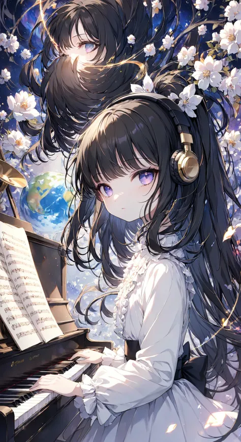  Masterpiece,  high quality,  high resolution, 16k, Makifu Shinkai illustrations,  exquisite background , petite girl,   black hair,  long hair, dress,  headphones,  white skin, long eyelashes,  beautiful eyes,  Colorful World 、jazz、piano、 moody 