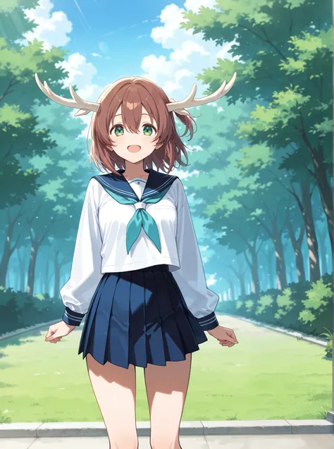 masterpiece, best quality, highres,2d, anime, 1girl, long hair, one side up, solo, short hair, brown hair, hair between eyes, green eyes, horns, deer horns,  white horns, skirt, shirt, long sleeves, school uniform, white shirt, pleated skirt, serafuku, sai...