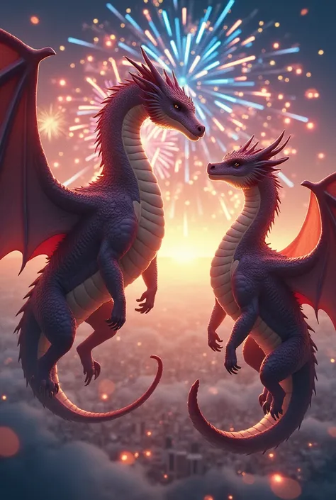 Two male and female dragons look at each other affectionately, in the sky filled with fireworks celebrating the new year with the words "2025" in Toronto, Canada.