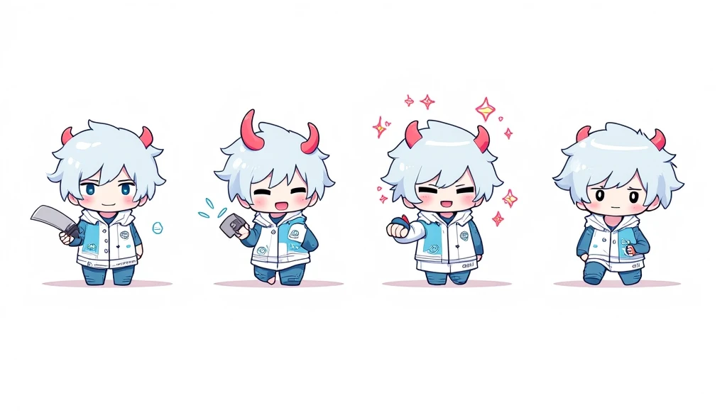 Create a chibi-style line art of a muscular male character with the following features:

Face: Large, expressive eyes, slightly blushed cheeks, and a cute, small nose and mouth.
Hair: Tousled, wavy hair in blue, styled to show off natural volume.
Horns: Tw...