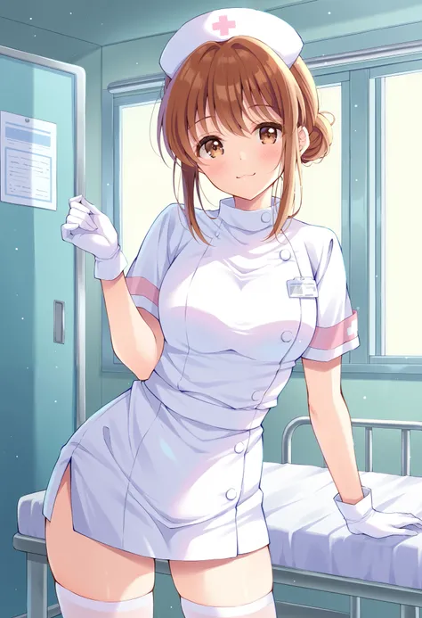 Score_9, score_8_up, score_7_up, source_anime, moeko sekine, solo, brown hair, brown eyes, single hair bun, sidelocks, (best quality), (high quality), {masterpiece}, extremely delicate and beautiful, ultra-detailed, beautiful detailed eyes, nurse, nurse ha...