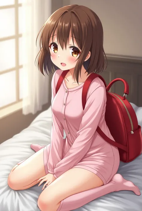 Nude anime girl, short, feet, thigh highs, small breast, peeing, embarrassed, masterpiece, best quality, high resolution, extremely detailed, detailed background, cinematic lighting, 1girl, cute girl, young girl 1girl, brown hair, brown eyes, smile, wear p...