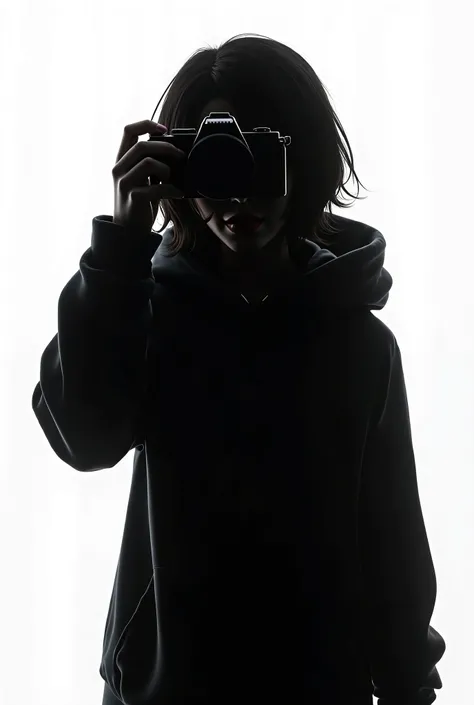 Animated ĺady wearing a hoodie taking a picture with her camera covering her face facing you. black and white or sillouette