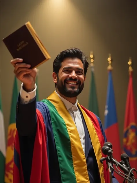 Man smiling with well-dressed avocado on a platform with microphones, And a wall with the flags of the nations behind it, with black hair and fair skin, and a band that runs from the shoulder and waist like that of the Mises with the flags of the nations o...