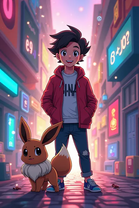 Create an image about PokemasterPedro's TikTok and his favorite Pokémon is Eevee 