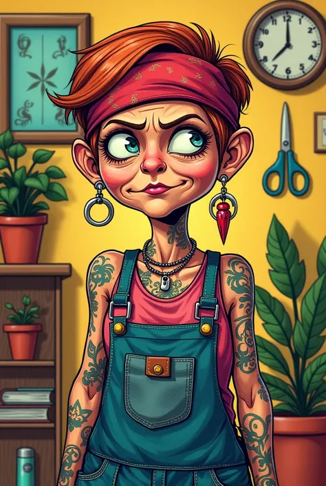  Cartoon Style
Full-bodied woman 
Jardineira,  scissors and plant , kindergarten
Tattoo , piercing,  bandana, rock and roll
Idosa, 
Short hair, Almost red brown
Grandma , 80 years