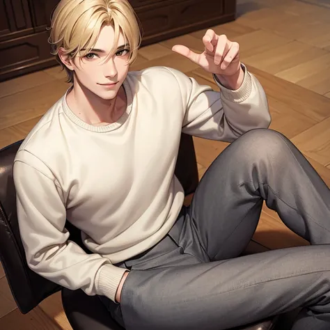 Beautiful man, solo, smiling, brown eyes, blonde medium hair, sweater, gray pants, sitting, high quality