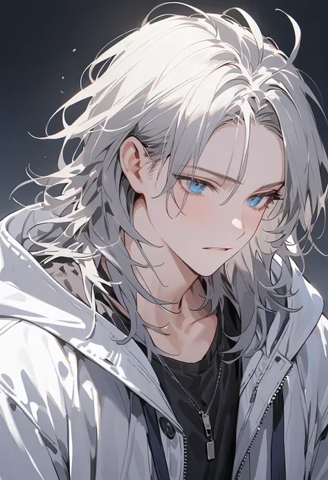   1 man in armor, manly,{ white skin}, ((gray slightly long messy hair)), expressive  ,(( blue eyes)). (( stylish,  Simple Outfit , hoodie)),  simple background, This scene depicts how confident they are. He's facing away with no expression,Listless, icon