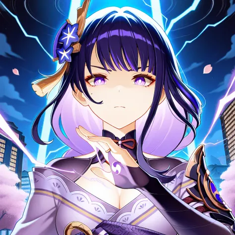 masterpiece, best quality, amazing quality, a girl, The Raiden Shogun from the genshin impact game, must be in a confident and badass pose, with a serious face and eyes shining with purple rays showing her electro power like in the genshin impact game. Its...