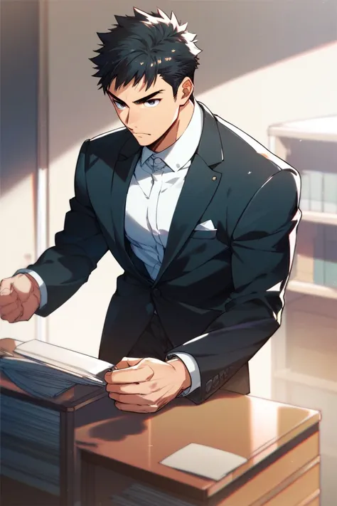 anime, MAN 27 YEARS OLD, high, muscular,  black hair,  short hair, Hair spiked upwards,  black eyes, Serious,  whole body, serious, male, formal clothes, desk, 