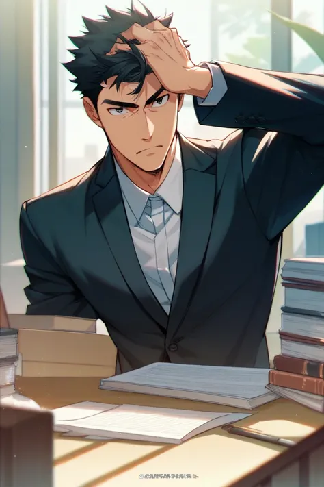 anime, MAN 27 YEARS OLD, high, muscular,  black hair,  short hair, Hair spiked upwards,  black eyes, Serious,  whole body, serious, male, formal clothes, desk, 