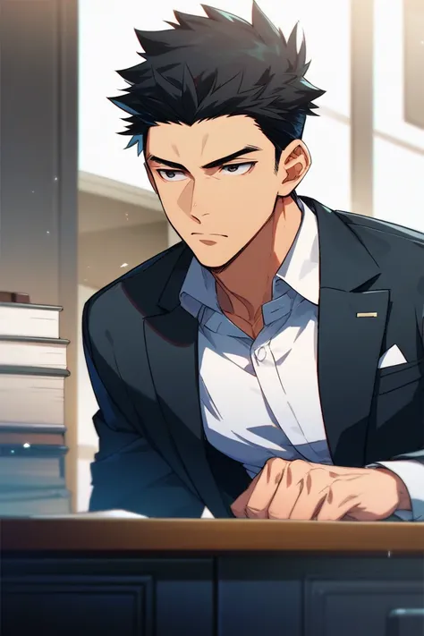 anime, MAN 27 YEARS OLD, high, muscular,  black hair,  short hair, Hair spiked upwards,  black eyes, Serious,  whole body, serious, male, formal clothes, desk, 