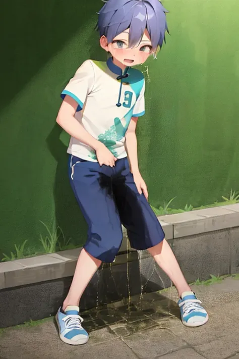 A little Chinese boy around 12，Normal body shape is slightly thin，He wears light blue and white short sleeves，Light blue shorts，sneakers, standing in the park。At this point he felt a great urgency to urinate，Cover your crotch tightly with your hands，But it...