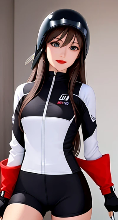 woman is smile, long hair brown, helmet normal, she is solo, from alternative world ,best quality, realistic, cycling black color suit and cycling sports shorts, she is stand , red lipstick,