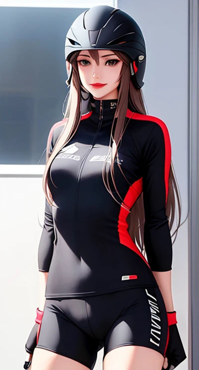 woman is smile, long hair brown, helmet normal, she is solo, from alternative world ,best quality, realistic, cycling black color suit and cycling sports shorts, she is stand , red lipstick,