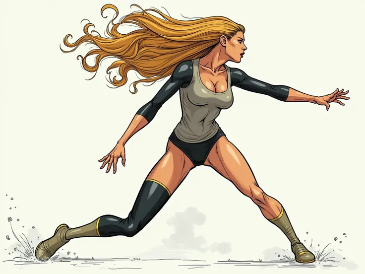 "In a comic book style, side view, . 1 female 

Her torso leans forward slightly, 
One of her arms extends outward, 

one knee slightly bent.

Her hair flows with the movement, emphasizing her quick reflexes.


Expression for Carol Ann:

Her eyes are locke...