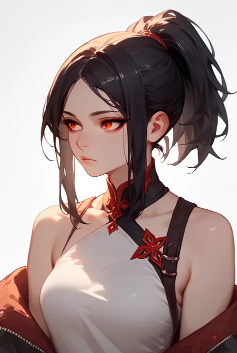  18 years old,  black hair, ponytail hairstyle with red eyes