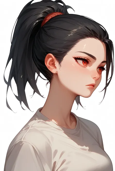  18 years old,  black hair, ponytail hairstyle with red eyes