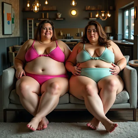 Two plus size model women look like Tess Holliday and have a lot of fat on their stomachs and buttocks, and weigh 600lb, they are sitting on a sofa in a room with industrial and stylish interior, pressing the sofa with their buttocks, they have become very...