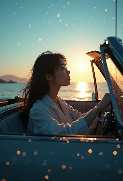 Realism, On the morning I woke up to the cries of crystals , １A Japanese woman with long human hair gets in a cabriolet and runs on the coastal road, cinematic lighting, glowing light, 8k, UHD, super detail, best quality,  highres, masterpiece